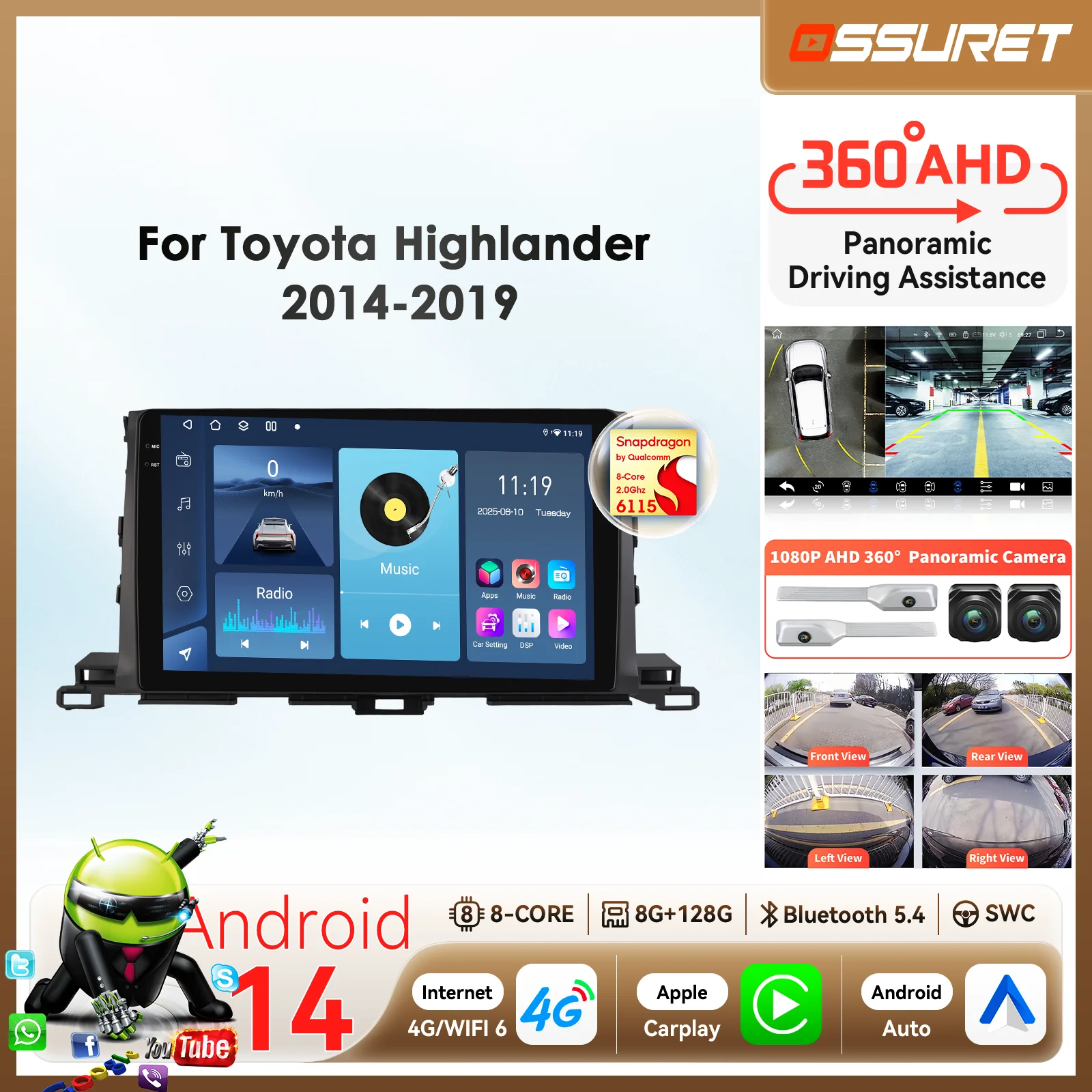 

Автомобильная камера 10,1 "360 Android 14 для Toyota Highlander 2014 2015 2016-2019, мультимедиа BySnapdragon 6115, авторадио, GPS Carplay