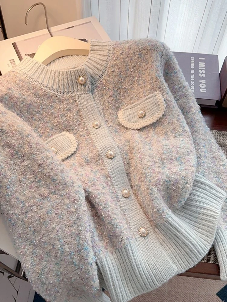 Zoki Chic Pearl Buttons Sweet Cardigan Sweaters Women Elegant Cute Long Sleeve Knitted Jackets Fall Korean Casual Fashion Tops