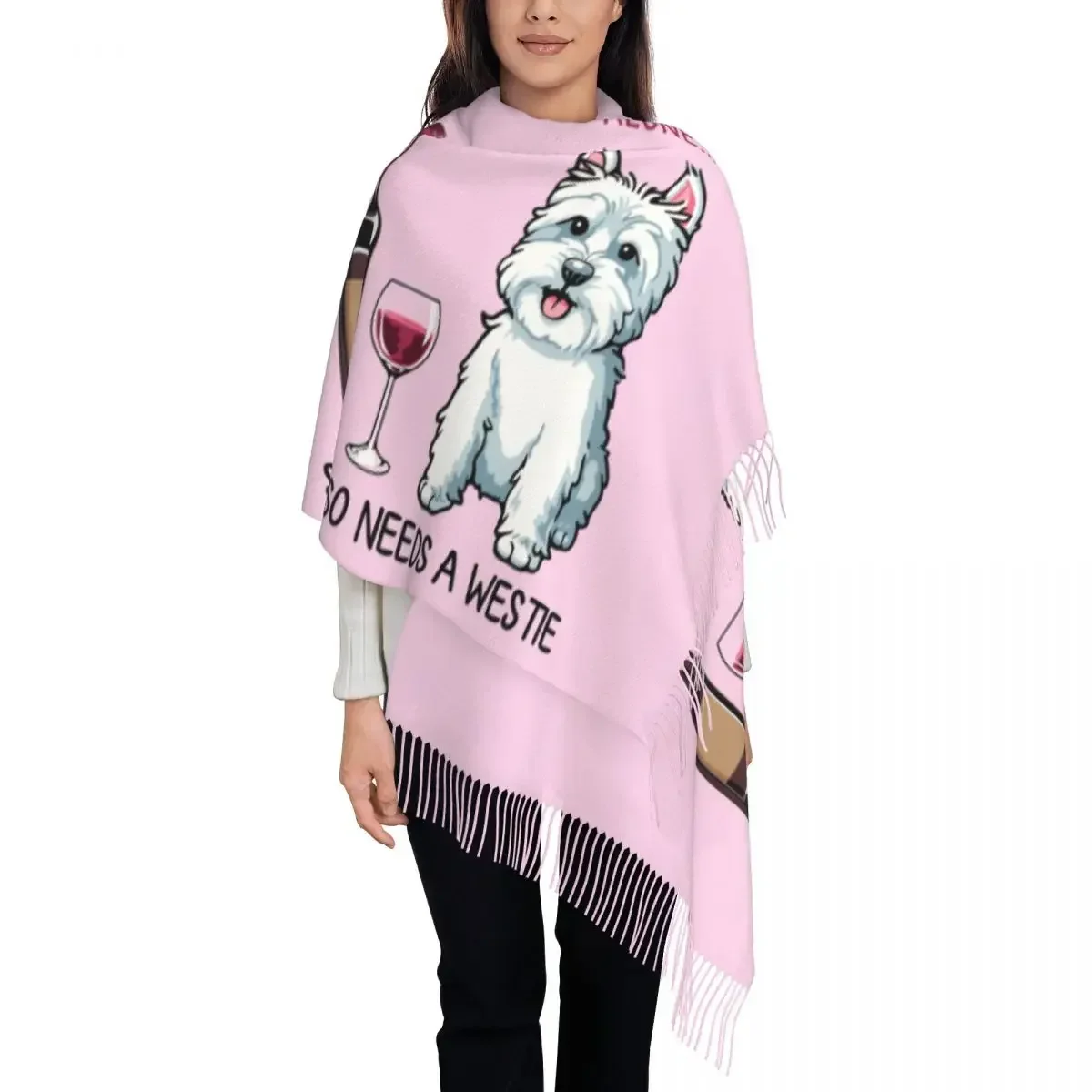 Westie And Wine Funny Dog Cartoon Scarf Wrap Women Long Winter Warm Tassel Shawl Unisex West Highland White Terrier Scarves