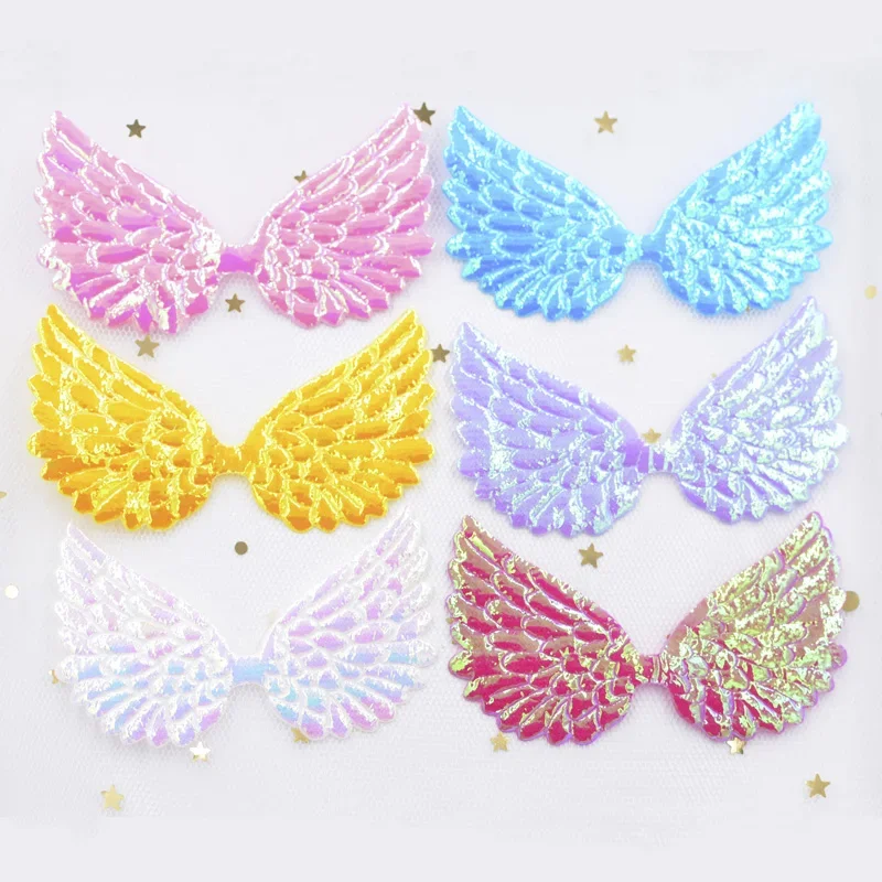 20Pcs 75*43mm Glitter AB Colors Angel Wing Appliques Double Sided Iridescent Fairy Wing Patches for Bowknot Bow Tie Ornament
