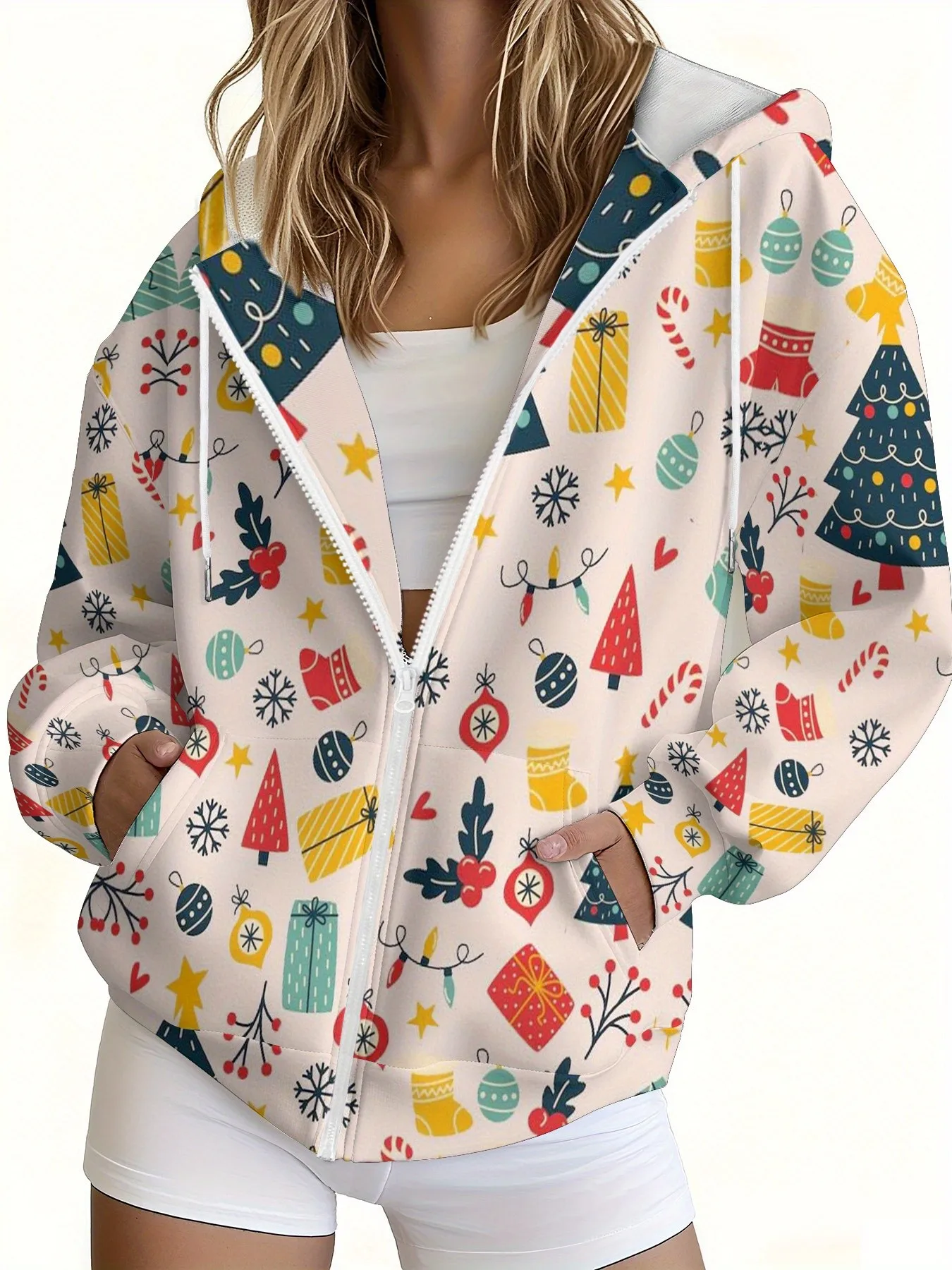 2026 Autumn/Winter Women's Zippered Hooded Sweatshirt Fashionable and Versatile Casual 3D Christmas Tree Pattern Print