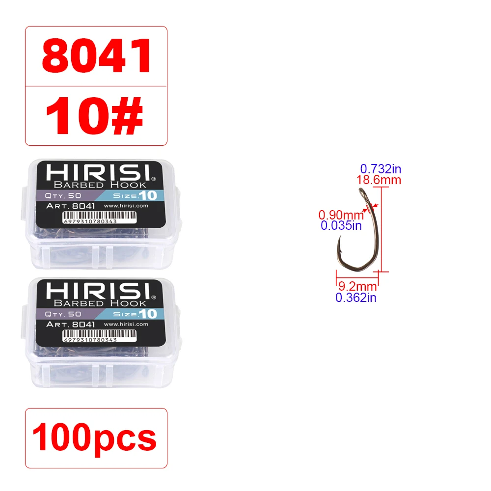 Hirisi 8041 50 Stück PTFE-beschichtete Angelhaken aus Hochkarbon-Edelstahl Rostfrei Scharfe Spitze mit Widerhaken und Öse für Angelzubehör