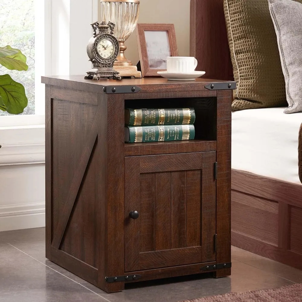 

Nightstand with Charging Station, 20" Farmhouse End Table w/Groove Barn Door, Rustic Wood Sofa Side Bedside Table w/Open & Adjus