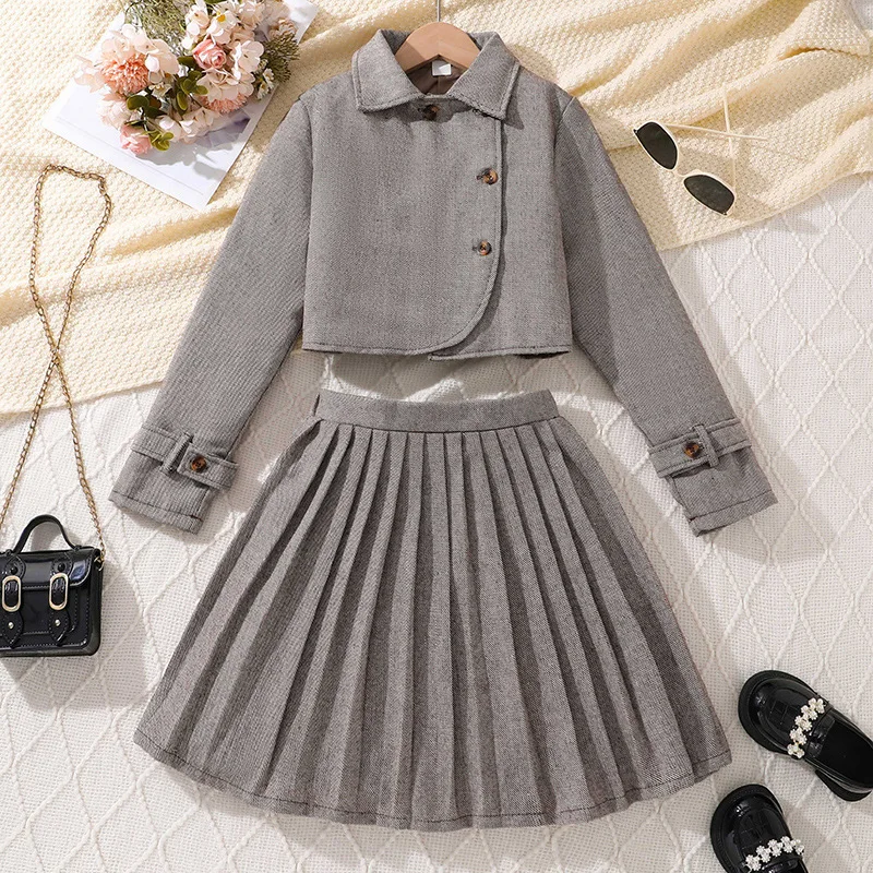 

2024 Clothing Set Girls Long Sleeve Turn-down Collar T-shirt Gray Pleated Skirt Rompers 2 Pcs Sets Casual Girls Clothes Set 3-7T