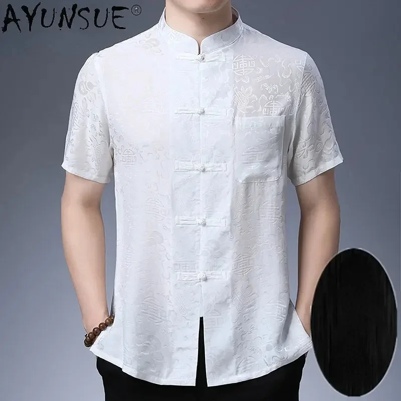 

100% Mulberry Real Silk Men's Summer Shirts Clothes for Stand Collar Short Sleeved Loose Casual Blusas Masculina