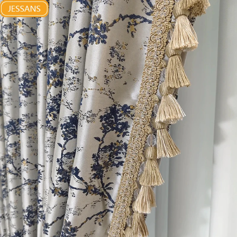 New Chinese Blue Gray Thickened Gold Wire Jacquard Curtains for Living Room Bedroom French Window Balcony Bay Villa Customized