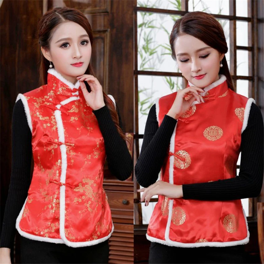 Women Chinese Style Traditional Cheongsam Qipao Tang Suit Thicken Velvet Vest Evening Party Wedding Retro Satin Clothes New Year