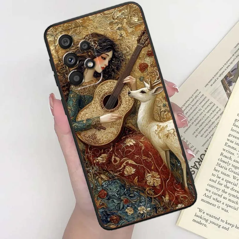 เคสโทรศัพท์ลายอนิเมะสาวสไตล์โบราณ สำหรับ Samsung A41 A35 A34 A33 A32 A25 A24 A23 A21s A06 A05 A04 A03 Note 10 20 Ultra 5G สีดำ