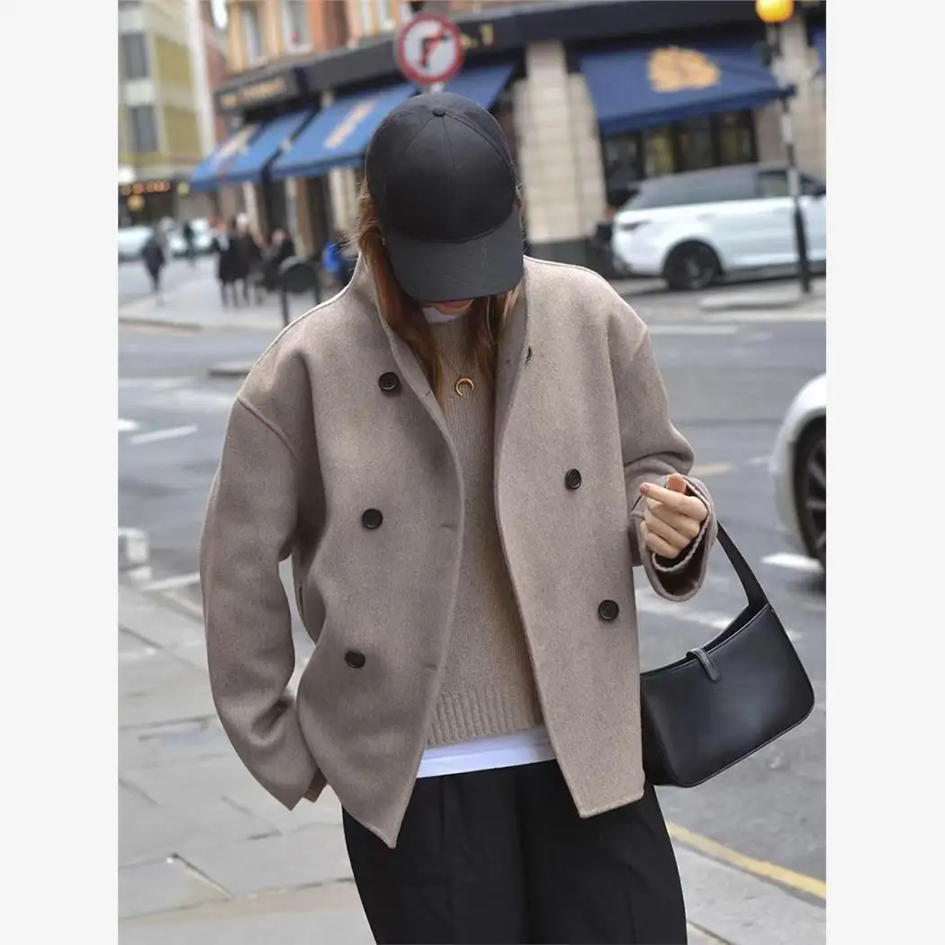 

New Women's Loose Double Breasted Woolen Jaet Long Sve Mid-Length Pure Color Faionable Ele Autumn