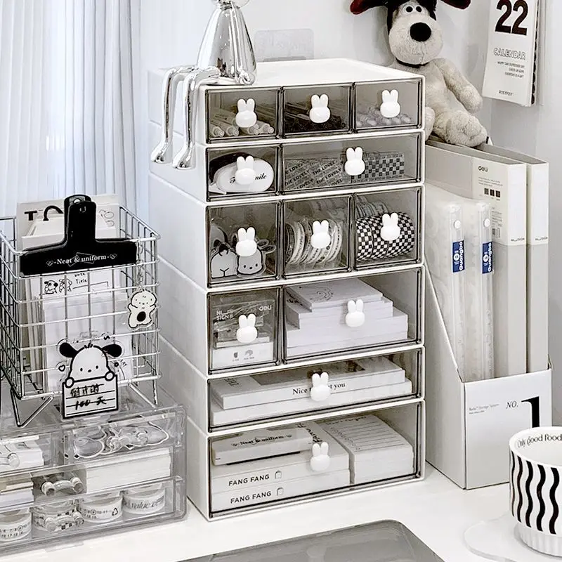 Cute Desktop Storage Box Organizer Creative Rabbit Transparent Drawer Storage Box Stackable Student Stationery Organizer Rack