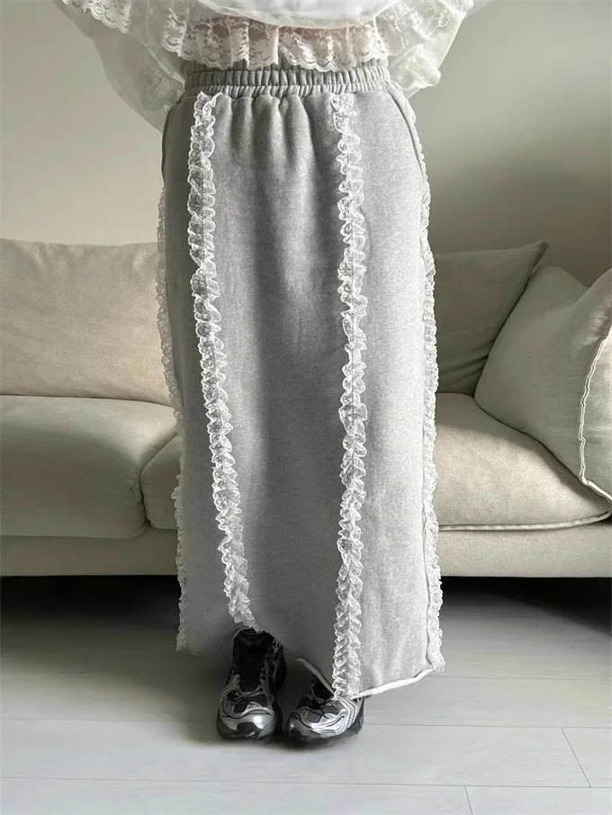 

Elastic Waist Ba Slit Lace Trim Decorative f Skirt for Women High Waist Long Skirt Versatile Sle Other Material