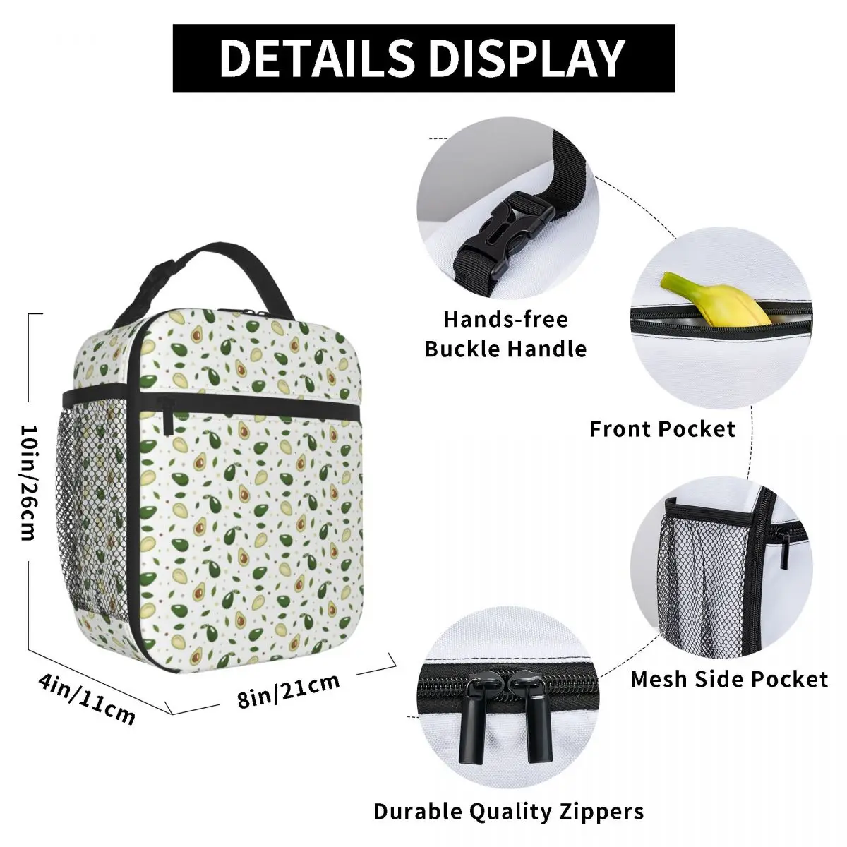 Summer Fruit Avocado Pattern Insulated Lunch Tote Bag for Women Portable Cooler Thermal Bento Box Outdoor Camping Travel