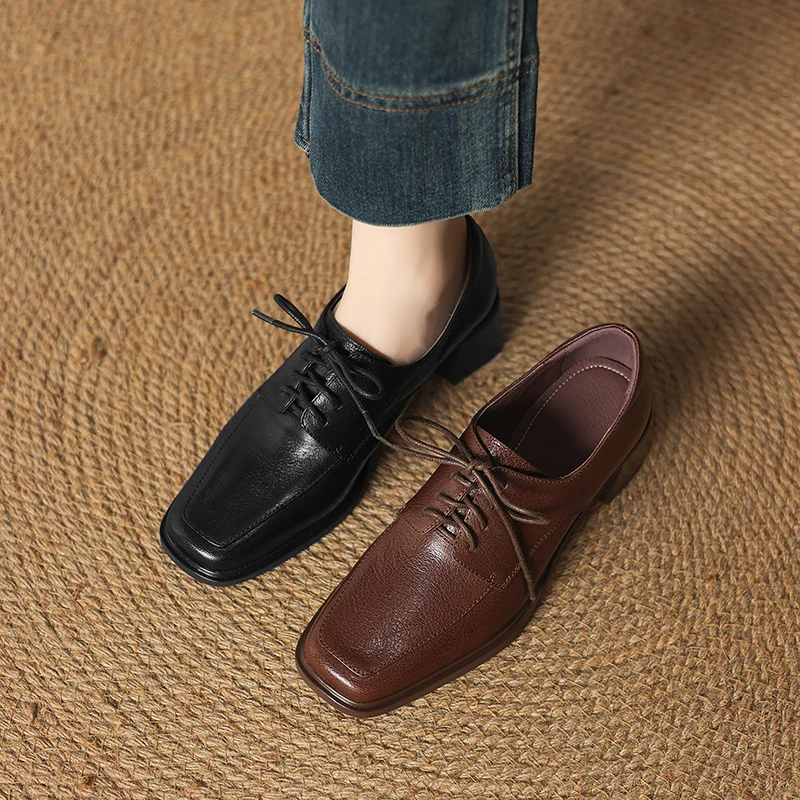 2026 new spring autumn women pumps natural leather plus size 22-26cm sheepskin+pigskin square toe thick heel loafers women shoes