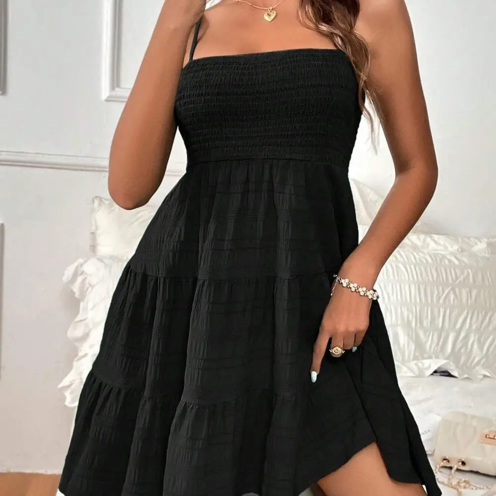 Summer Women Dress Off Shoulder Spaghetti Strap Solid Color Textured Mini Princess Skirts Elegant Casual Commuter Clothing
