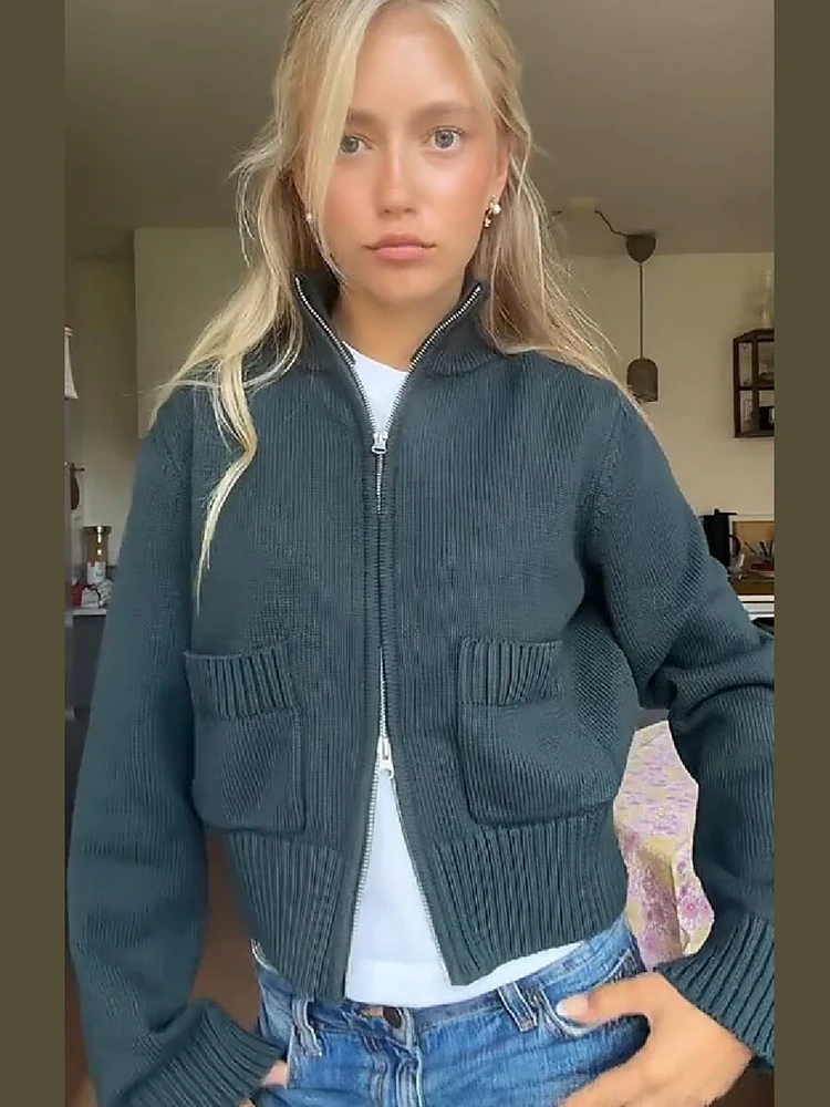 Einfacher Strick-Cardigan mit Stehkragen für Damen, Doppelreißverschluss, Taschen, gerippte Manschetten, schmale Jacke, lässiger Alltags-Streetwear-Pullover für Herbst und Winter. – Detail 8