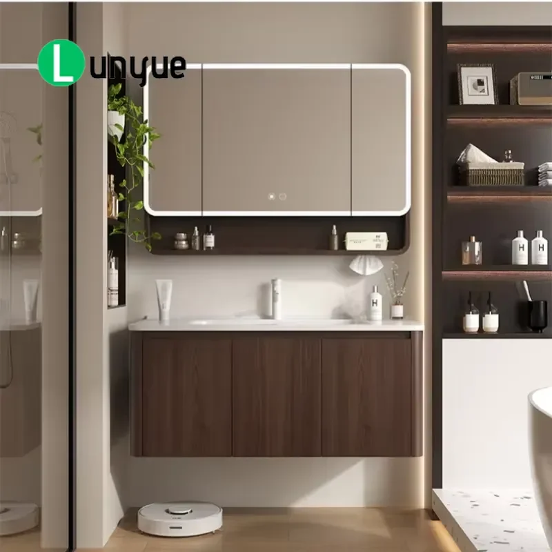 Custom Vintage Wall Mounted Aluminum Bathroom Vanity Floating Eco-friendly Walnut Finish Modern Storage Cabinet for Home