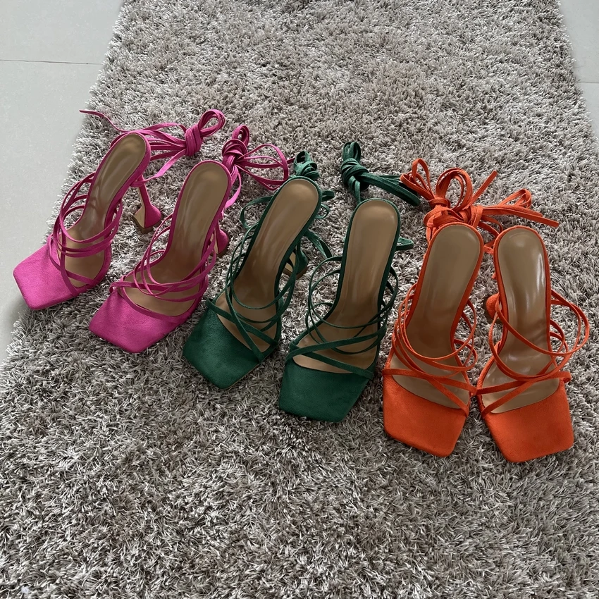 2024 Summer Green Orange Women Sandals Fashion Cross-Tied High Heels Shoes Sexy Lace Up Party Pumps Sandal Shoe Woman Size 35-42