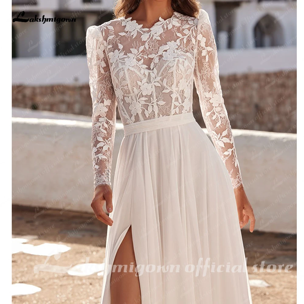 Lakshmigown Boho Zomer Strand Trouwjurk Lange Mouw Lange Chiffon Voorkant Split Goedkope Bohemian Bruid Jurken