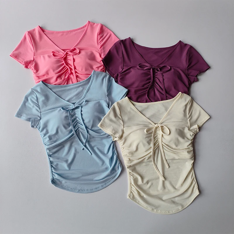 Neues Yoga-Kurzarm-T-Shirt für Damen mit Brustpolstern für Frühling und Sommer, schlichtes, schmales Mesh-Top für attraktive Mädchen. – Detail 2