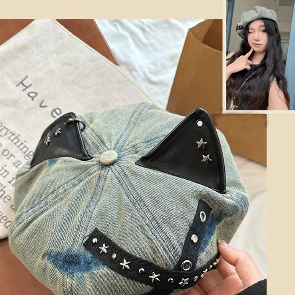 

New Design Denim 3D Cat Ear Hat Breathable Studded Cat Ear Beret Y2K Octagonal Baseball Cap