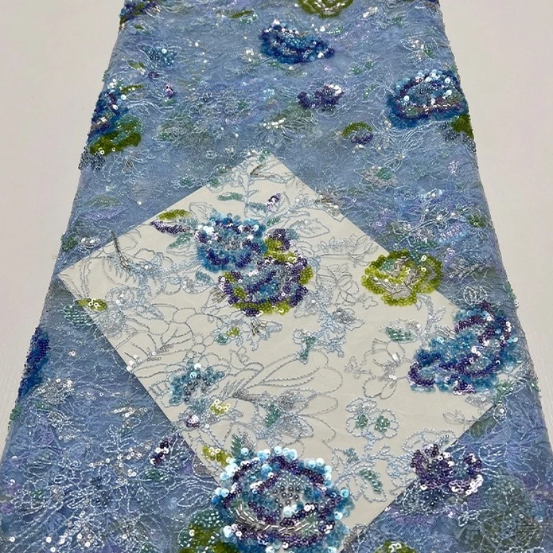 نسيج شبكي على الموضة الفرنسية، تطريز أنبوبي مطرز أفريقي، أظافر ثقيلة منقوشة، فستان قماش مطرز بالترتر والترتر