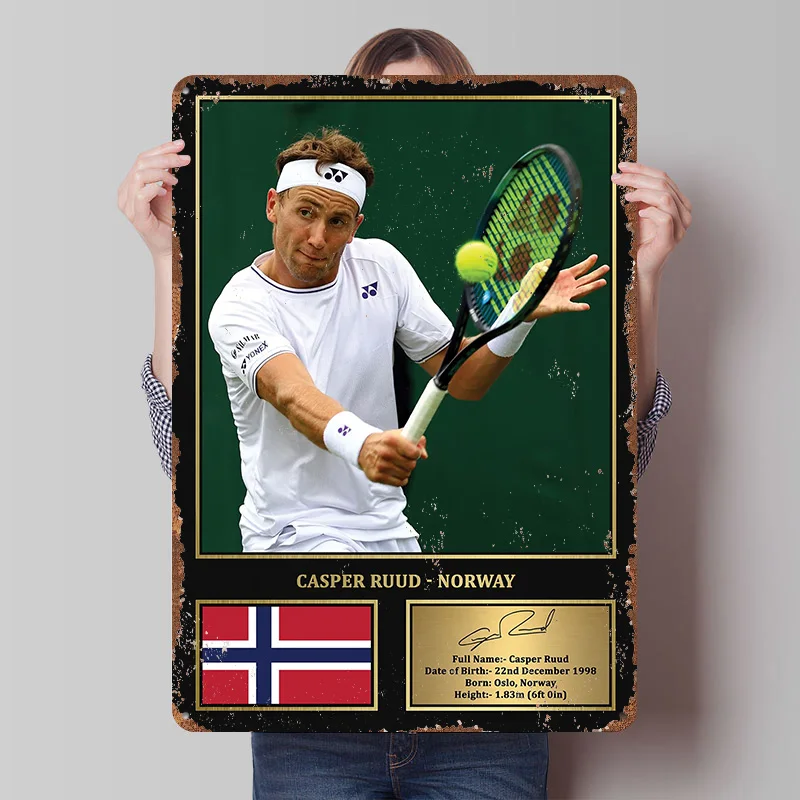 Carteles impresos de tenis Casper Ruud, arte de pared personalizable, carteles de hojalata de Metal Retro Vintage para el hogar, habitación, placa personalizada, varita, letrero Deko