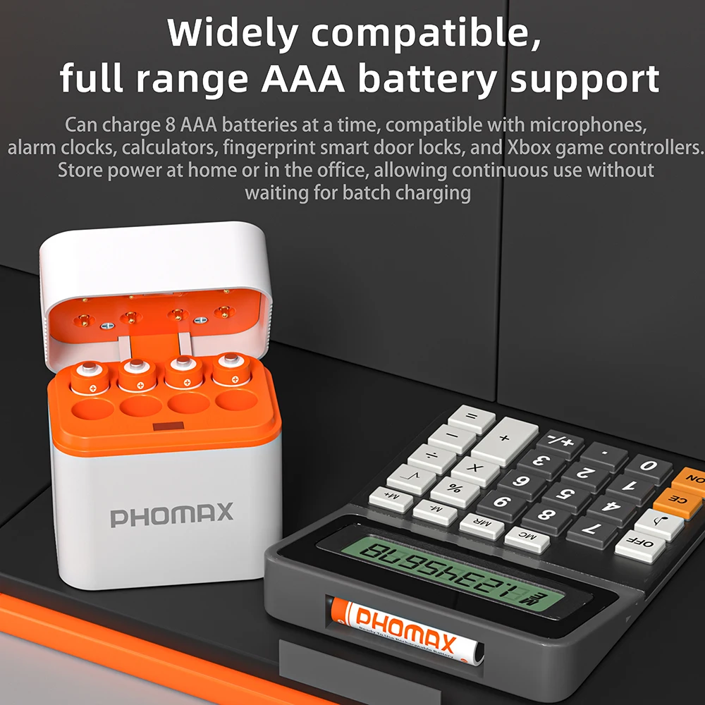 PHOMAX  AAA 1.2V Ni-MH Battery Charger & 1100mAh Rechargeable Batteries 8-Slot Type-C Smart Fast Box For Aaa Ni MH Ni-Cd Cell