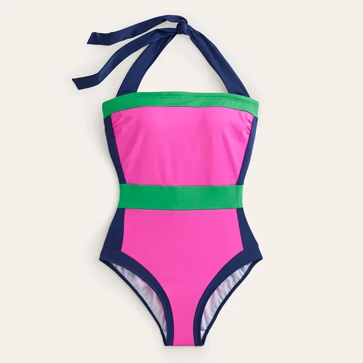 Bañador de una pieza con bloques de Color para mujer, ropa de playa de lujo, Bikini Sexy, 2024