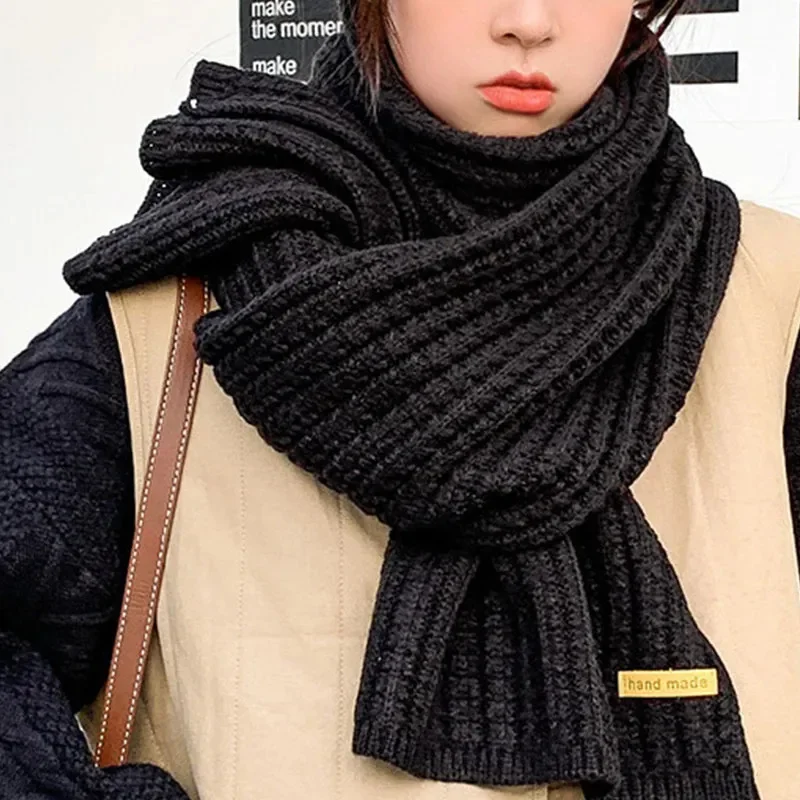 Winter Thickened Thermal Knitted Scarf for Women Men Solid Color Korean Warmer Long Size Scarve Christmas New Year Gifts Unisex