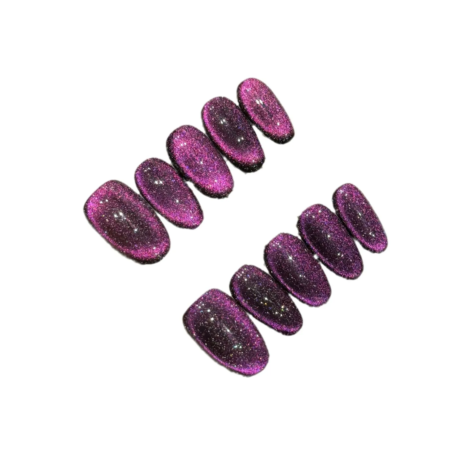 10pcs PURE Handmade Glitter คริสตัลสีม่วง CAT EYE กดบนเล็บเงาสีม่วงรูปไข่เล็บปลอมสวมใส่เล็บปลอมเคล็ดลับ