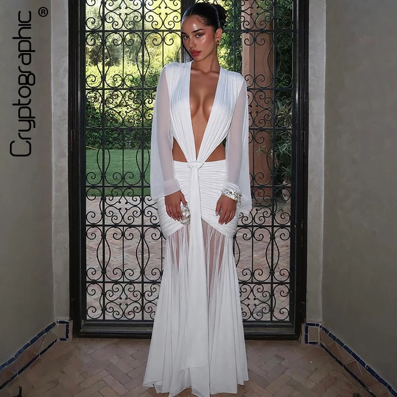 

Cryptographic Summer Sexy Backless Draped V Neck Maxi Dress Party Club Women Ruched Mesh Sheer Cut Out Long Sleeve Dresses Gown