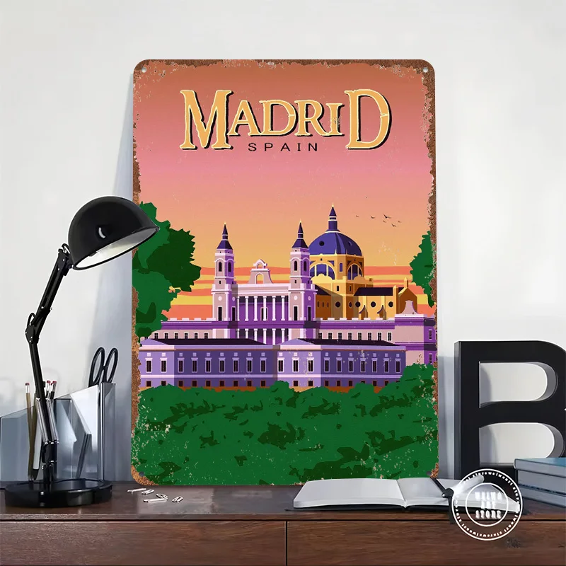 Madrid Spain Travel Poster Customized Vintage Metal Signs Wall Art Retro Tin Plaque for Interior Accessories Room Decoration
