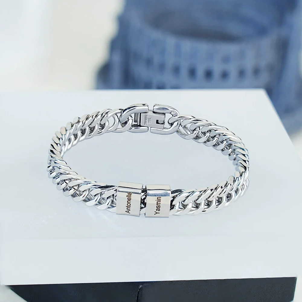 Personalized Family Name Masculine Cuban Chain Bracelet Custom Engraved Multiple Names Silver Plated Jewelry Gift For Father view 3