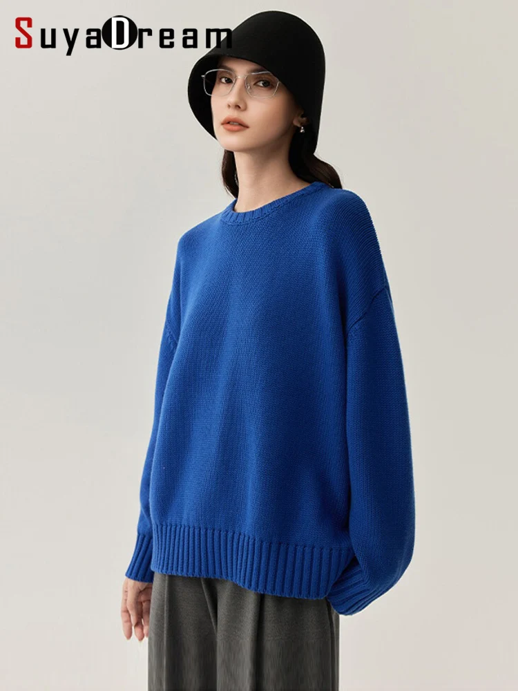 

SuyaDream, Women Oversize Pullovers, 50%Wool 50%Cotton, Round Collar, Warm Sweaters, V Neck, 2025 Fall Winter Knitwear, Blue