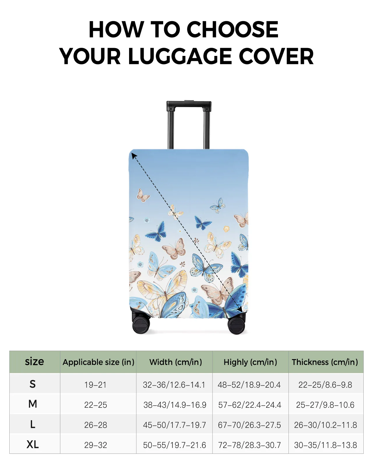 Pastoral Butterfly Blue Gradient Luggage Cover Stretch Suitcase Protector Baggage Dust Cover for 18-32 Inch Travel Suitcase Case