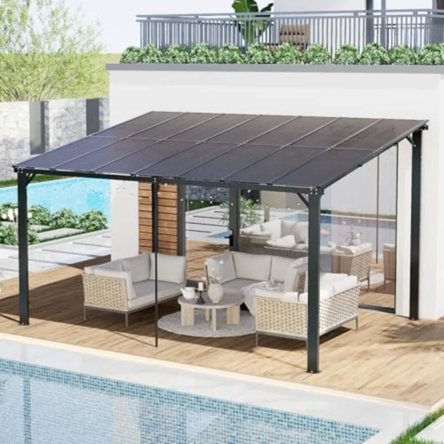 10'×14' Patio Gazebo with Waterproof Fuzzy Strip, Outdoor Gazebo with Innovative Base Support, Wall Mounted Gazebos Pergola wit