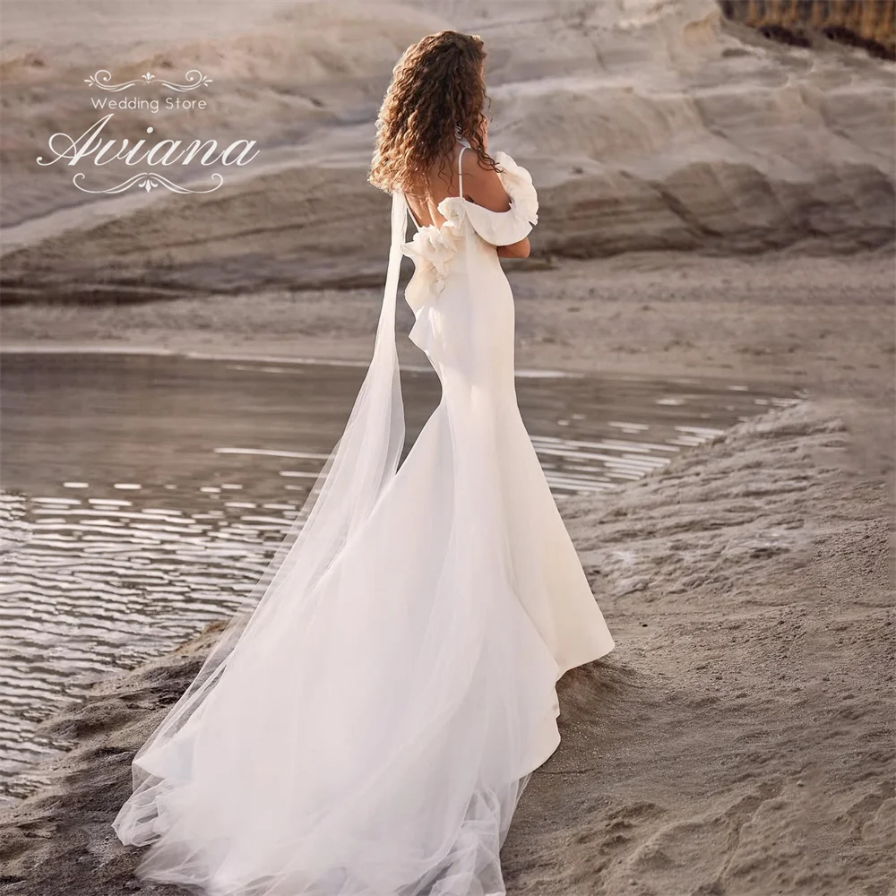 Aviana مخصص عميق الخامس الرقبة السباغيتي حزام قبالة الكتف حورية البحر فستان الزفاف سويب تراين طول الأرض زهرة يزين