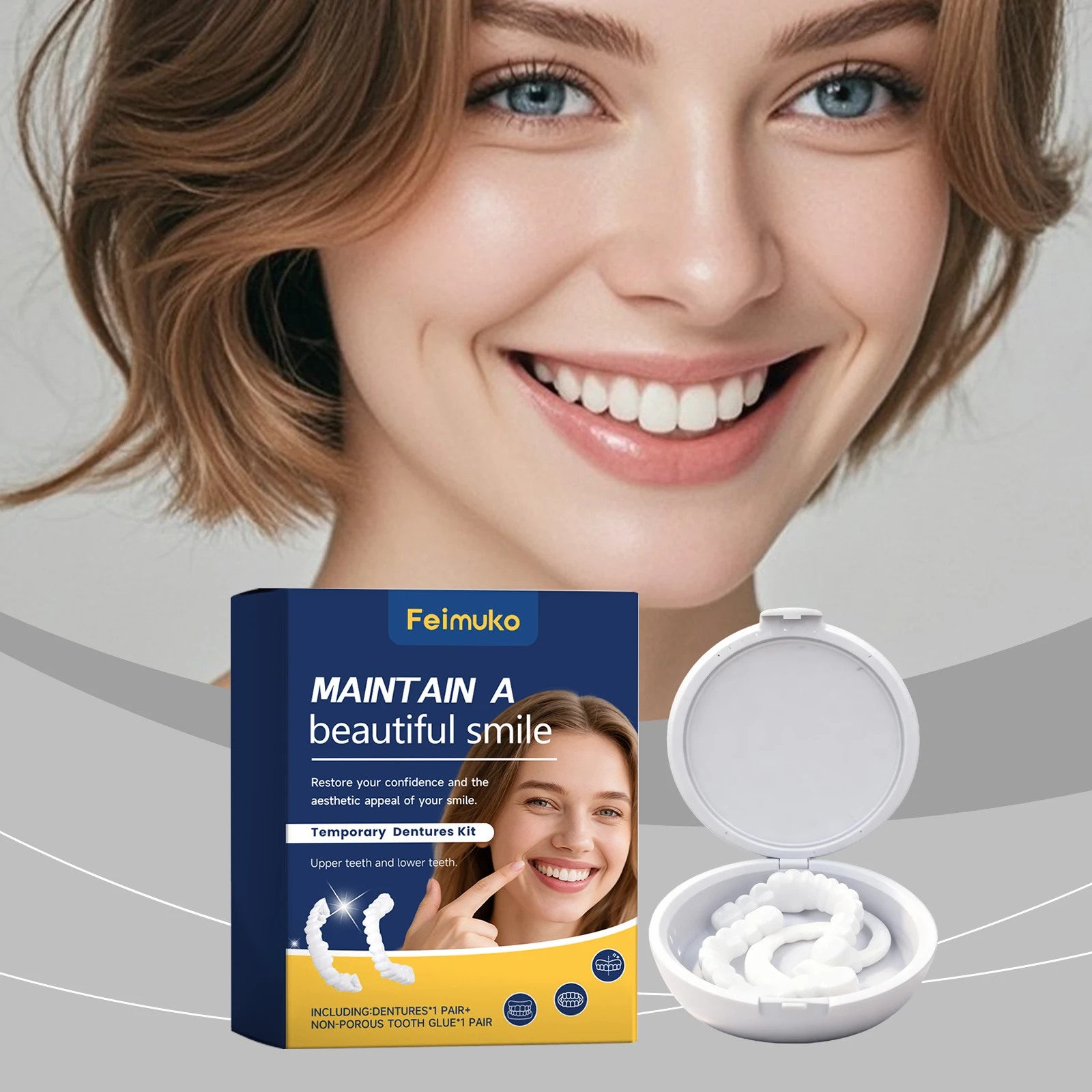 Feimuko Adjustable Snap-On Denture Kit - Natural Fit Comfort Wear False Teeth Oral Care Daily Use Easy Application Gentle Fit