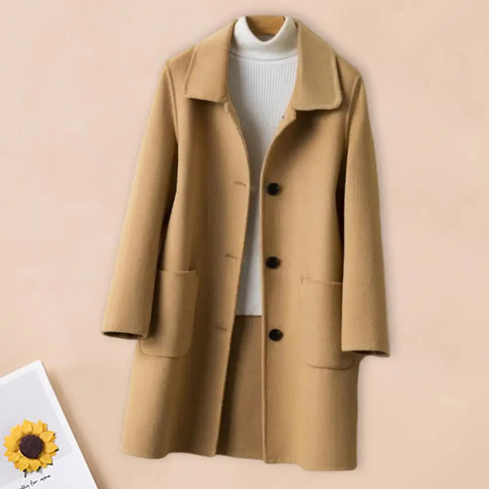 

Women Overcoat Winter Mid Length Jacket Elegant Women's Winter Coat with Turn-down Collar Single-breasted Design Mid for Work
