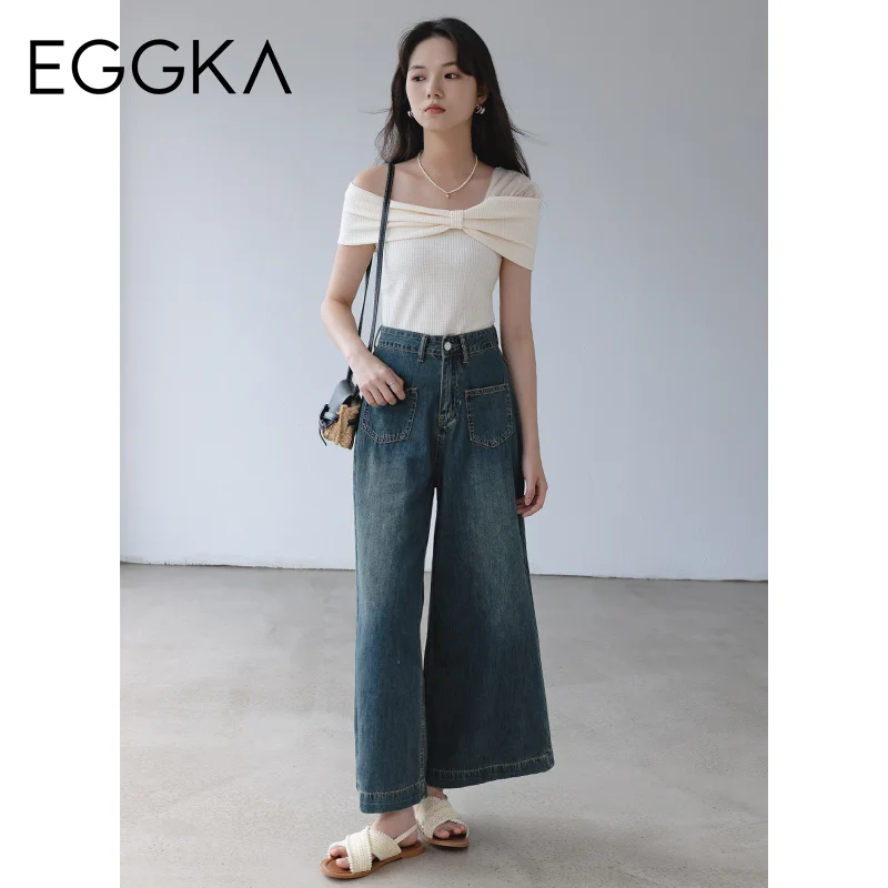 EGGKA Women's Wide Leg Denim Pants High Waist Loose Long Pant Dark Blue Straight Jean Office Lady Commute Trousers Casual Jeans