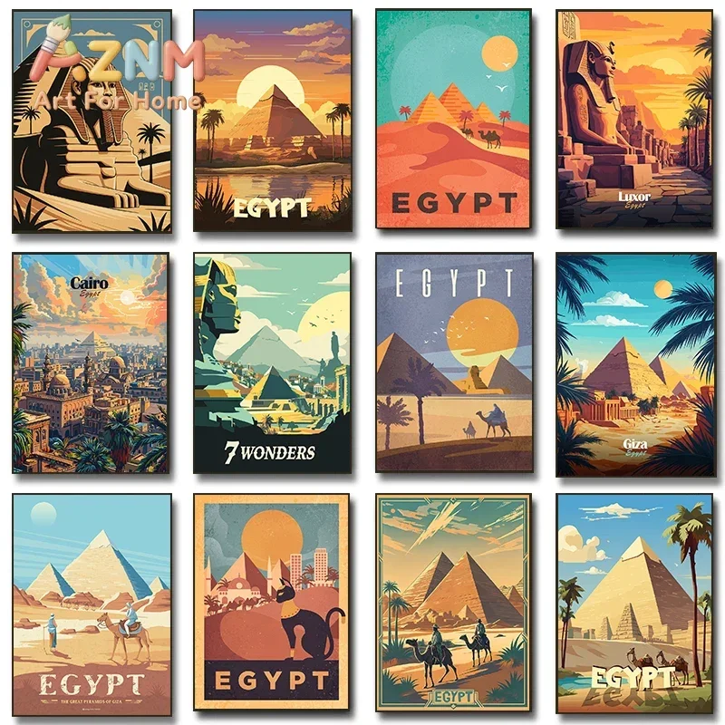 AZNM Vintage Egypt Travel Canvas Wall Art Pyramid Sphinx Desert Camel Retro Landscape Art Print Unframed Canvas Poster for Livin