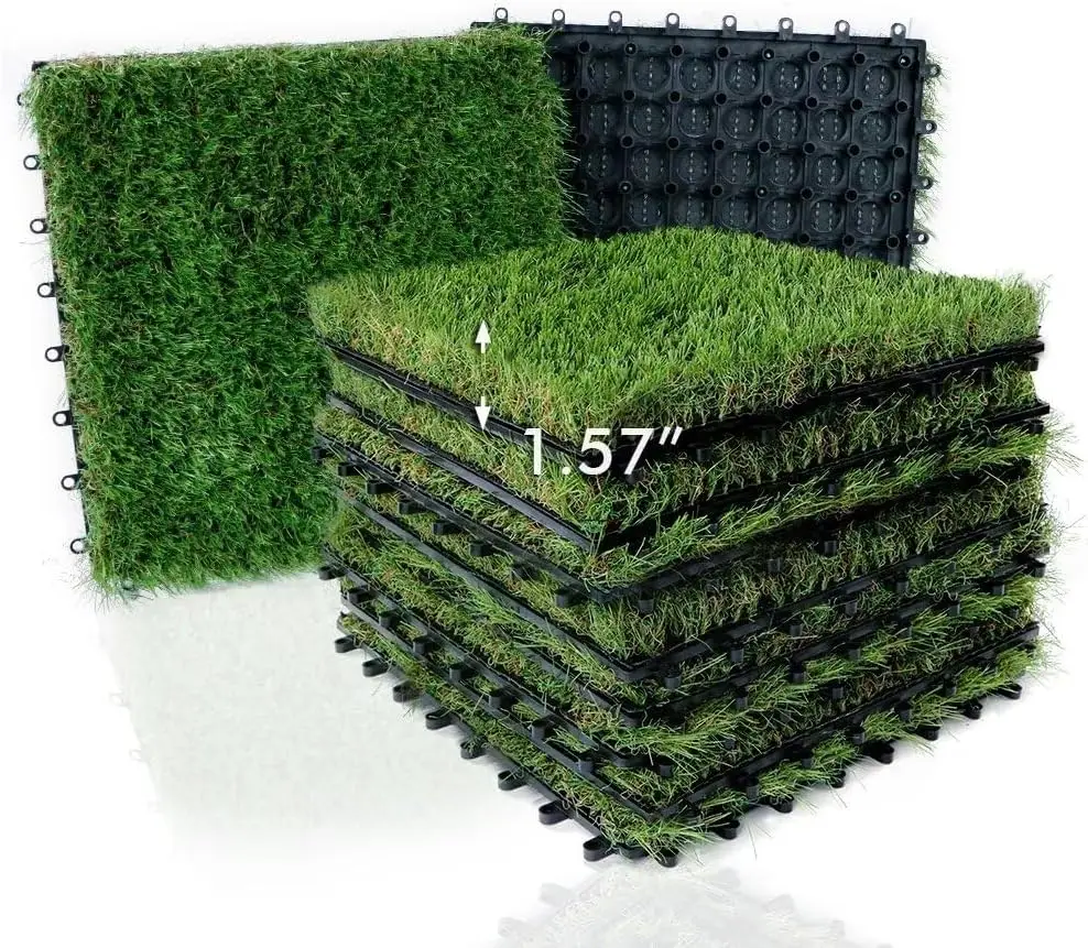 

Artificial Grass Tiles Interlocking Turf Deck Set 9 Pack - 12"x12" Squares Synthetic Fake Grass Self-draining Mat