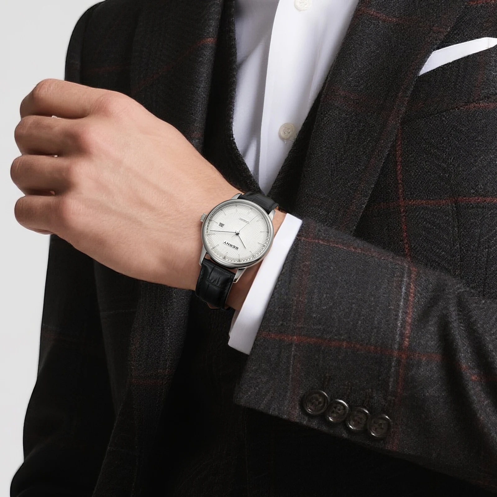 BERNY Automatic Watches for Men Luxury Classic Dress Mechanical Men's Watch Domed Glass Calendar Elegant Business Wristwatch