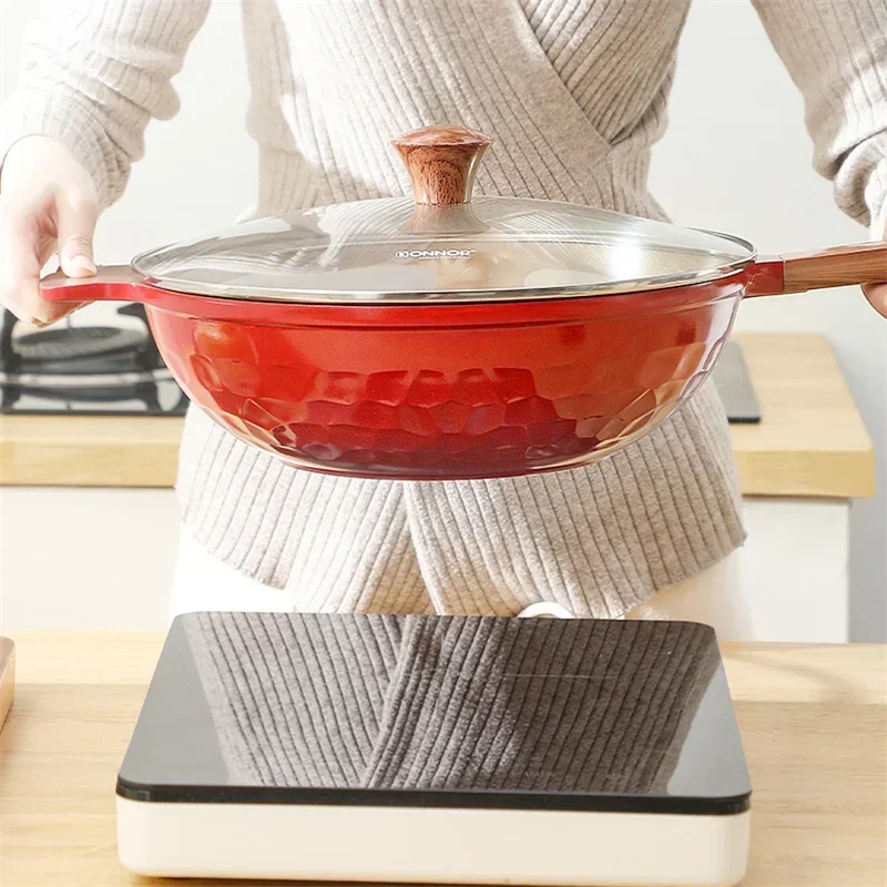 

32cm Use for Gas and Induction Cooker Non-Stick Woks Ceramic Glaze with Lid Anti Scald Handle Omelette Pan Woks Steak Pancake