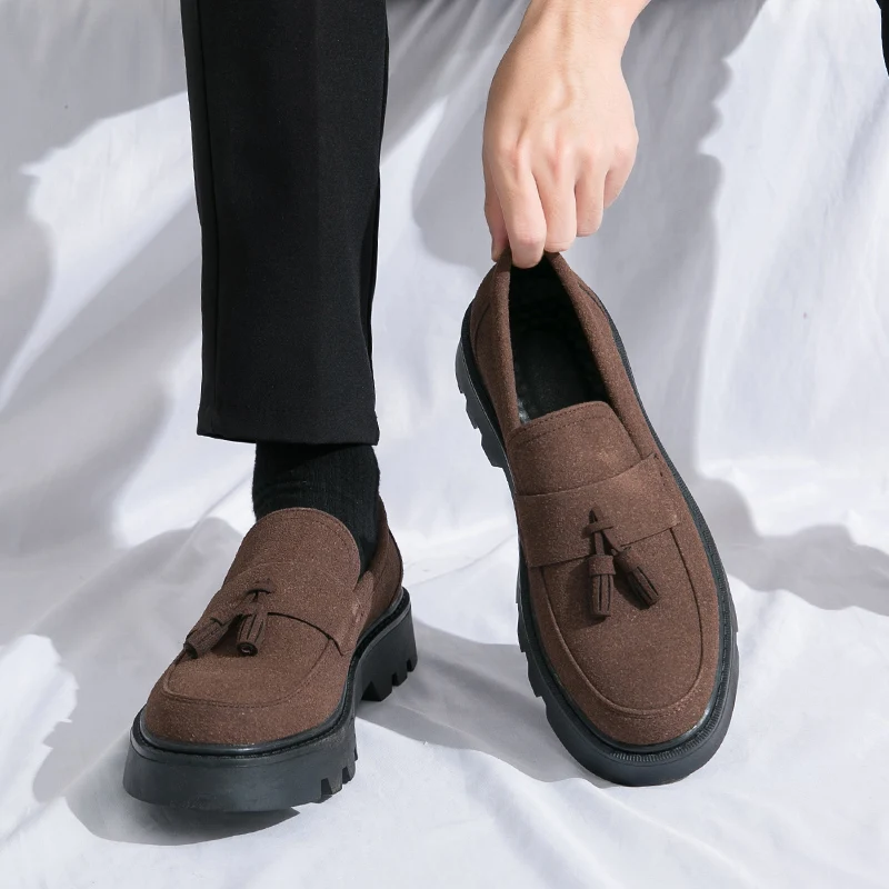 

Platform Tassel Loafers Suede Shoes Men Thick-soled Wedding Shoes Black Formal Business Shoe Slip-on Leather Increase