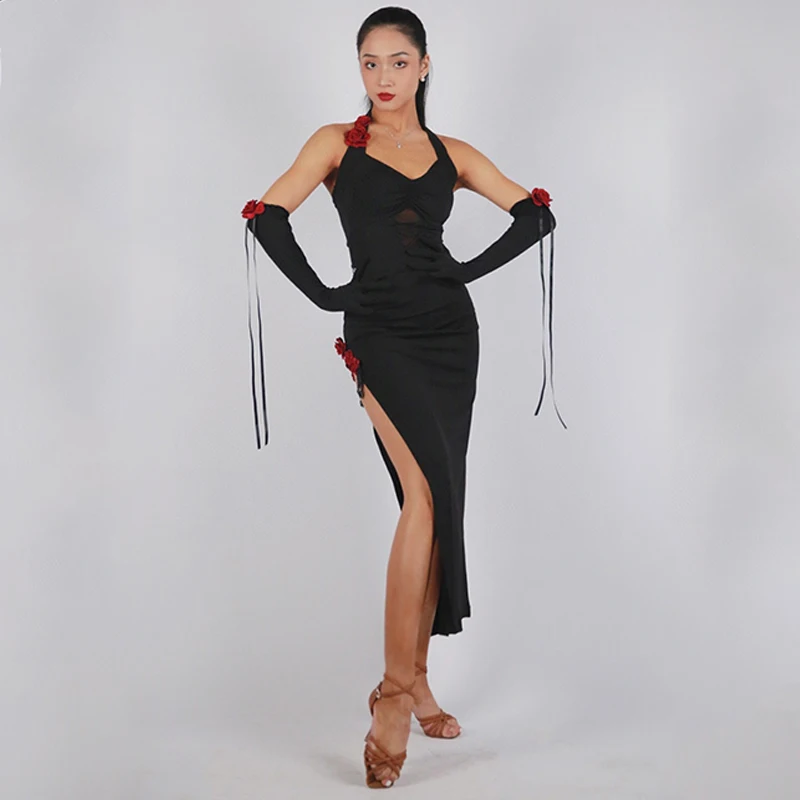 Latin Dance Clothes Women Rose Black Tops Slit Skirt Rumba Salsa Tango Performance Costume Adult Latin Competition Dress NV19043