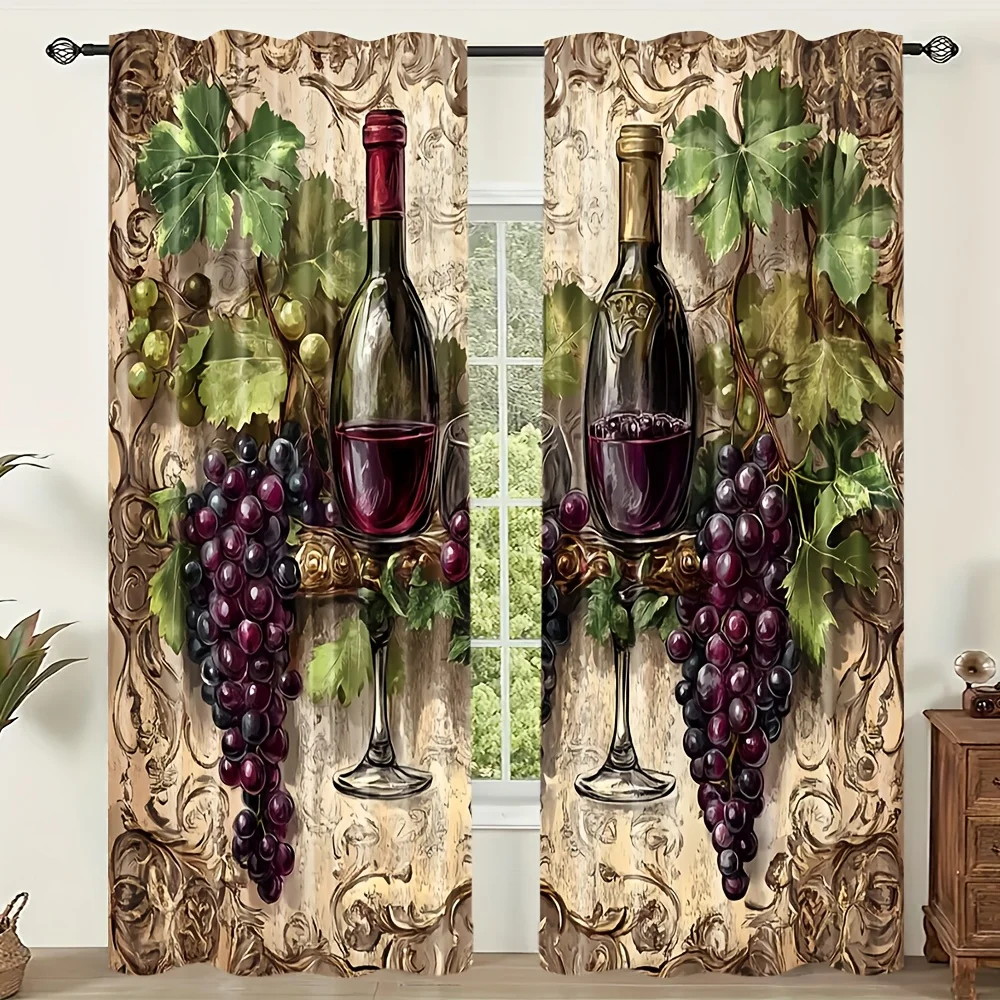 2pc Wine Grape Curtains Polyester Darkening Drapes for Kitchen Dining Room Bedroom Vintage Wine Bottle Grape Pattern Home Decor
