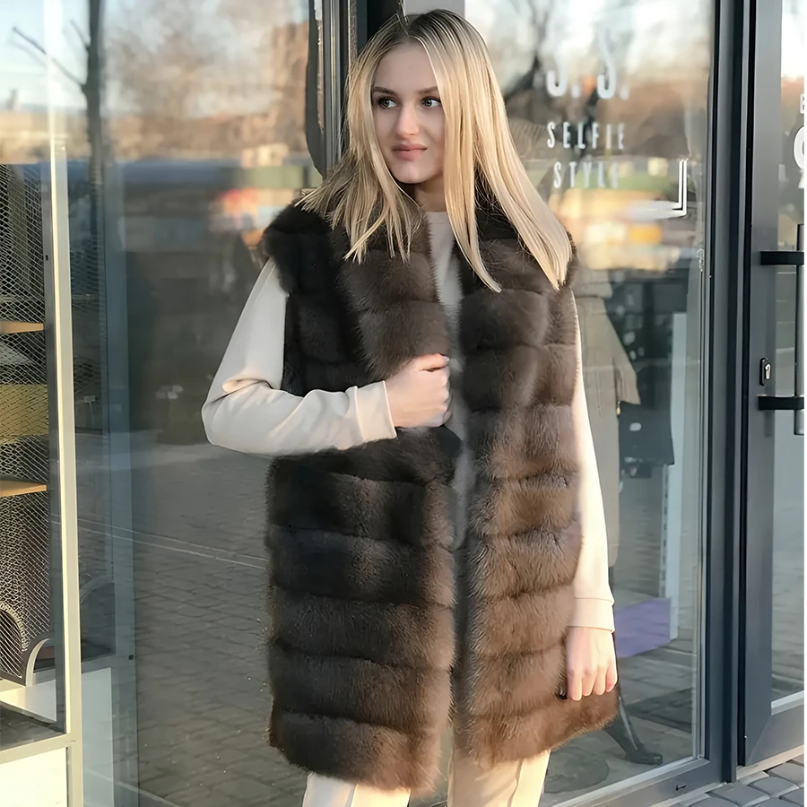 

Real Fox Fur Vest Women Natural Fox Fur Vest Long Warm Winter Fur Coat With Shawl Collar Luxury High Quality