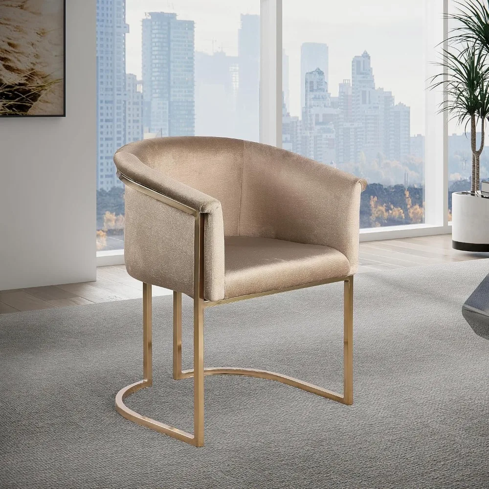 Modern Velvet Dining Chair with Brushed Brass Finish and Iron Frame Beige Upholstered Seat