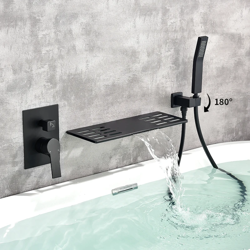 

Wall Mount Tub Faucets with Sprayer Waterfall Bathtub Filler Tub Shower Faucet Set with Rough-in Valve Trim Kit Matte Black